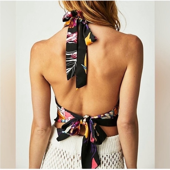 Free People Seraphina Floral Halter Top in Black Combo Multicolor Cropped Wrap - Picture 2 of 15